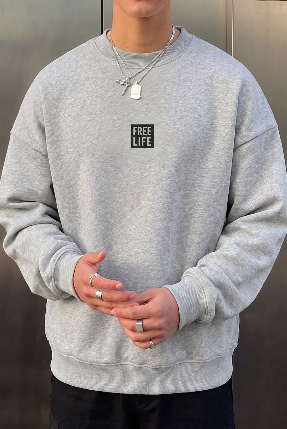 Erkek Gri Melanj Free Life Baskılı Kalın Soft 3 İplik içi Şardonlu 0 Sıfır Yaka Oversize Salaş Sweatshirt