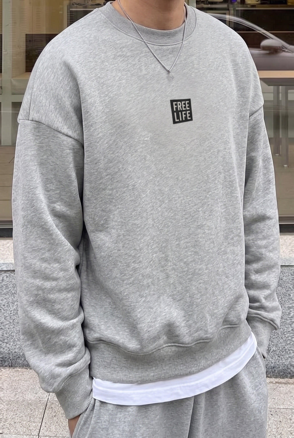 Erkek Gri Melanj Free Life Baskılı Kalın Soft 3 İplik içi Şardonlu 0 Sıfır Yaka Oversize Salaş Sweatshirt