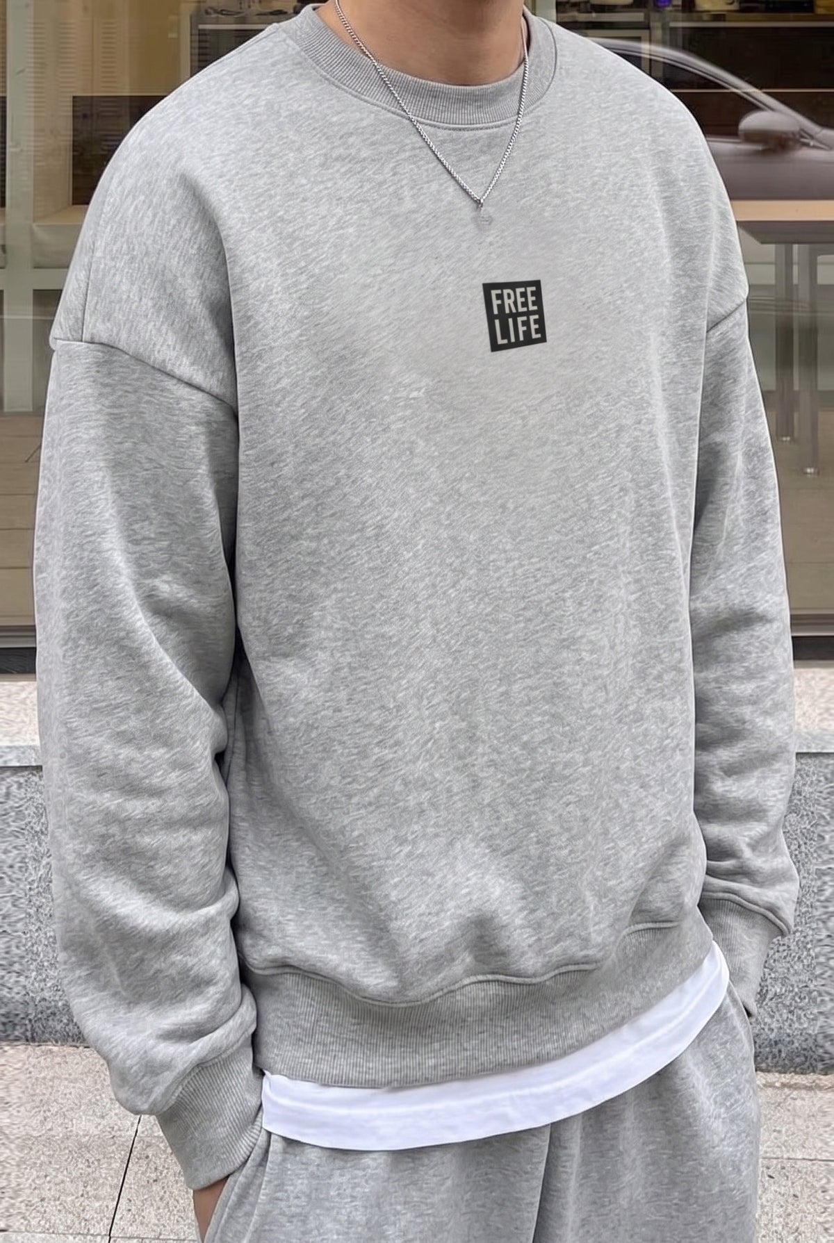 Erkek Gri Melanj Free Life Baskılı Kalın Soft 3 İplik içi Şardonlu 0 Sıfır Yaka Oversize Salaş Sweatshirt