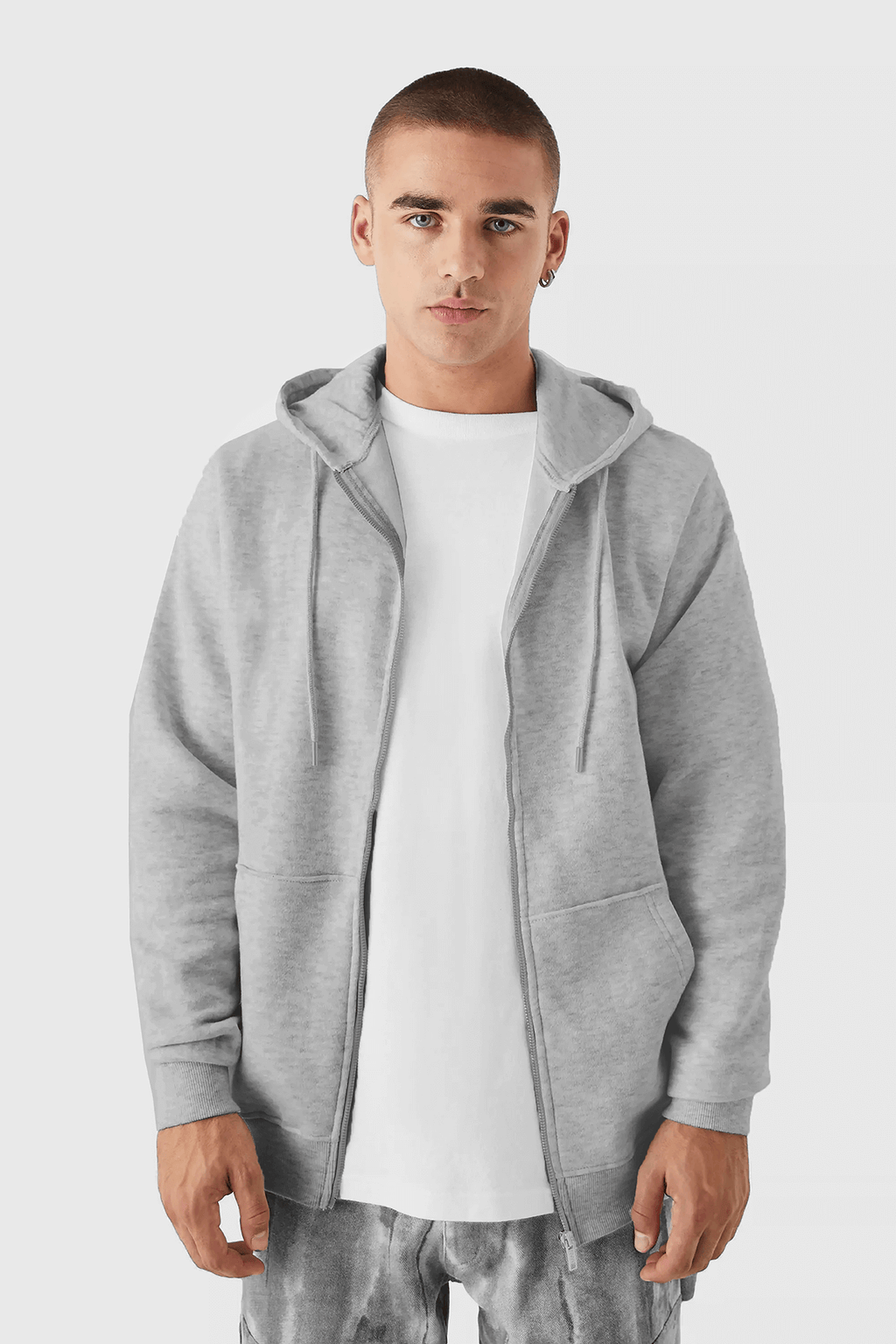 Erkek Gri Melanj Kapüşonlu Fermuarlı 3 Üç İplik Polar Kanguru Oversize Sweatshirt Zip Up Hoodie