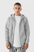 Erkek Gri Melanj Kapüşonlu Fermuarlı 3 Üç İplik Polar Kanguru Oversize Sweatshirt Zip Up Hoodie