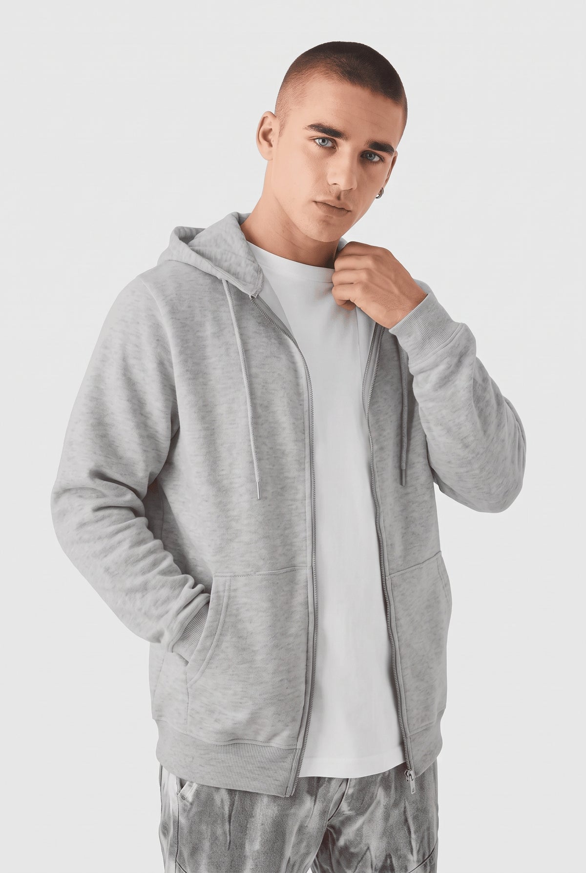 Erkek Gri Melanj Kapüşonlu Fermuarlı 3 Üç İplik Polar Kanguru Oversize Sweatshirt Zip Up Hoodie