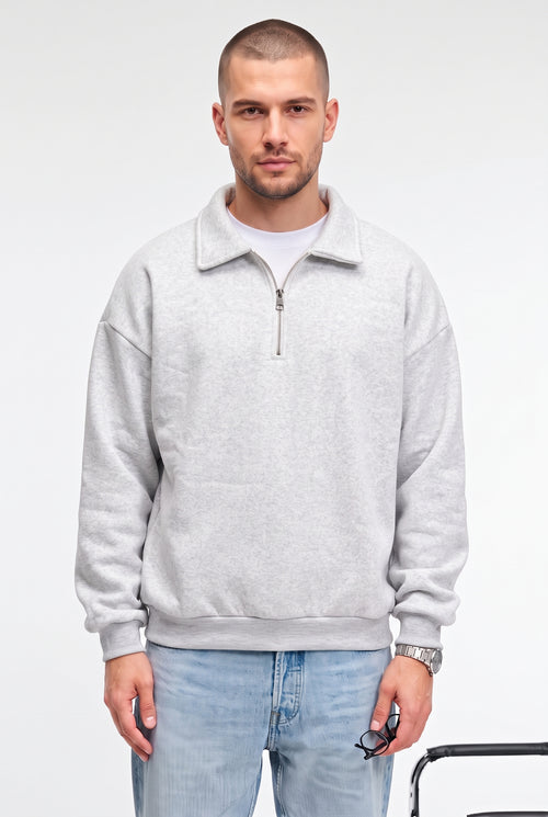 Erkek Gri Melanj Yarım Fermuar Polo Yaka Oversize Salaş Bol Kesim Polar Sweatshirt
