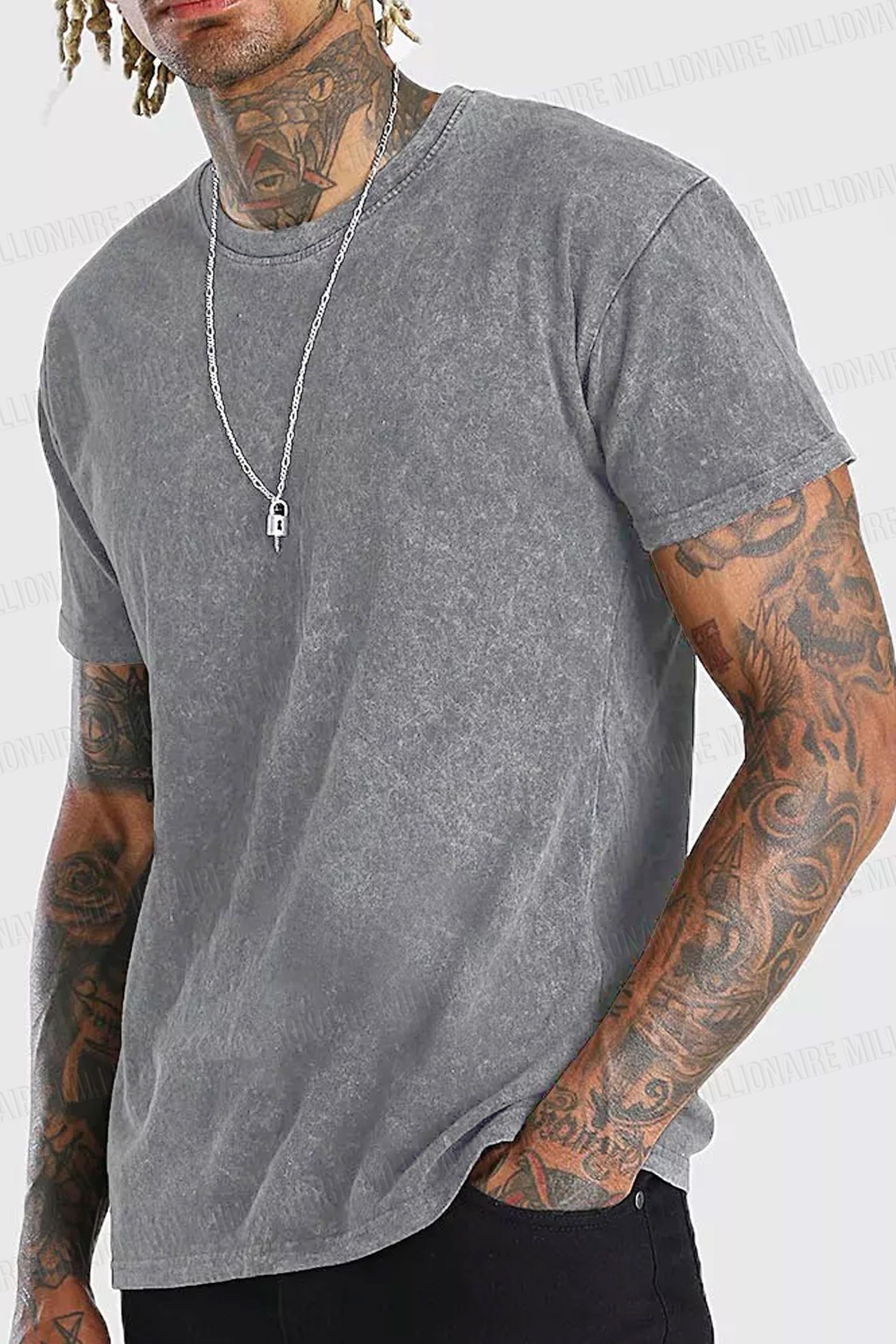 Erkek Gri Regular Asit Yıkamalı Eskitme Efektli Boyalı T-Shirt