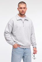 Erkek Gri Yarım Fermuar Polo Yaka 3 İplik İçi Polarlı Şardonlu Oversize Sweatshirt