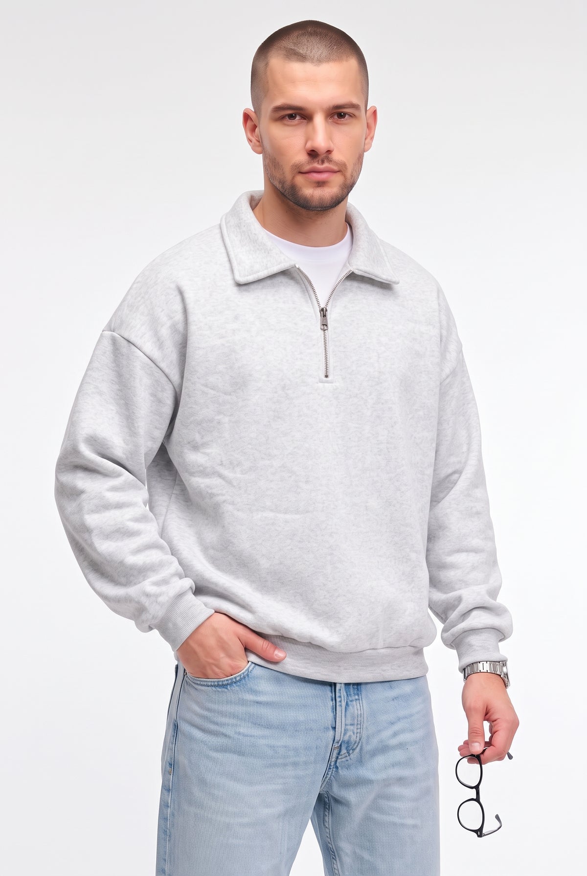 Erkek Gri Yarım Fermuar Polo Yaka 3 İplik İçi Polarlı Şardonlu Oversize Sweatshirt