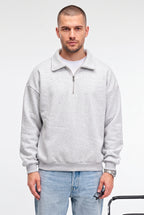 Erkek Gri Yarım Fermuar Polo Yaka 3 İplik İçi Polarlı Şardonlu Oversize Sweatshirt