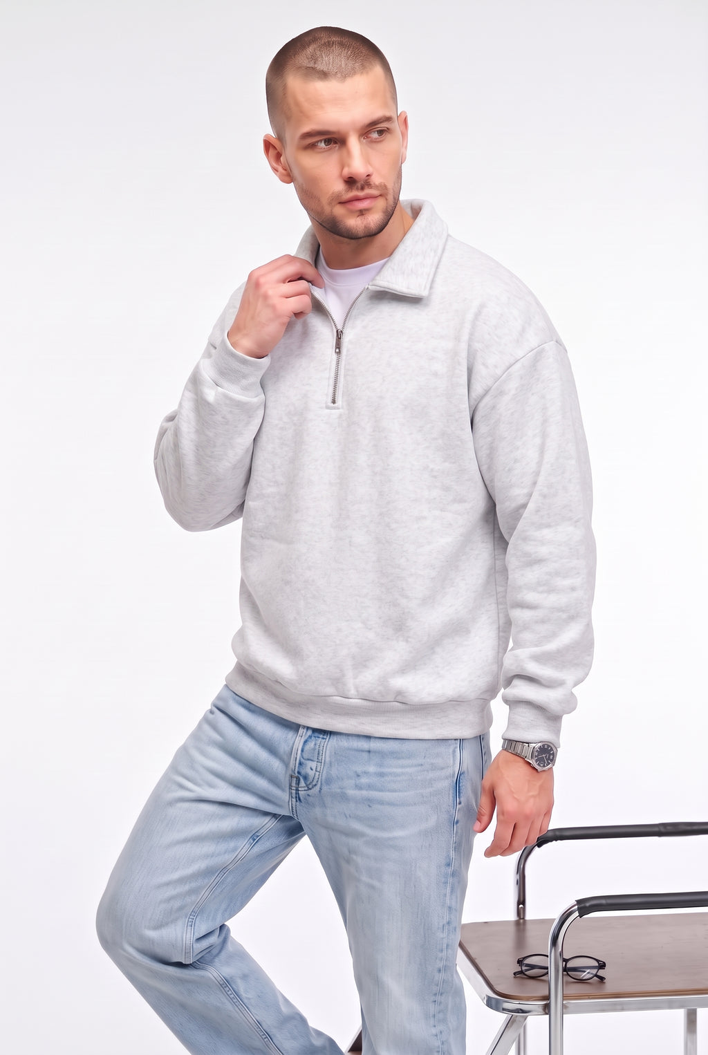 Erkek Gri Yarım Fermuar Polo Yaka 3 İplik İçi Polarlı Şardonlu Oversize Sweatshirt