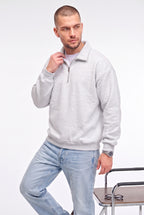 Erkek Gri Yarım Fermuar Polo Yaka 3 İplik İçi Polarlı Şardonlu Oversize Sweatshirt