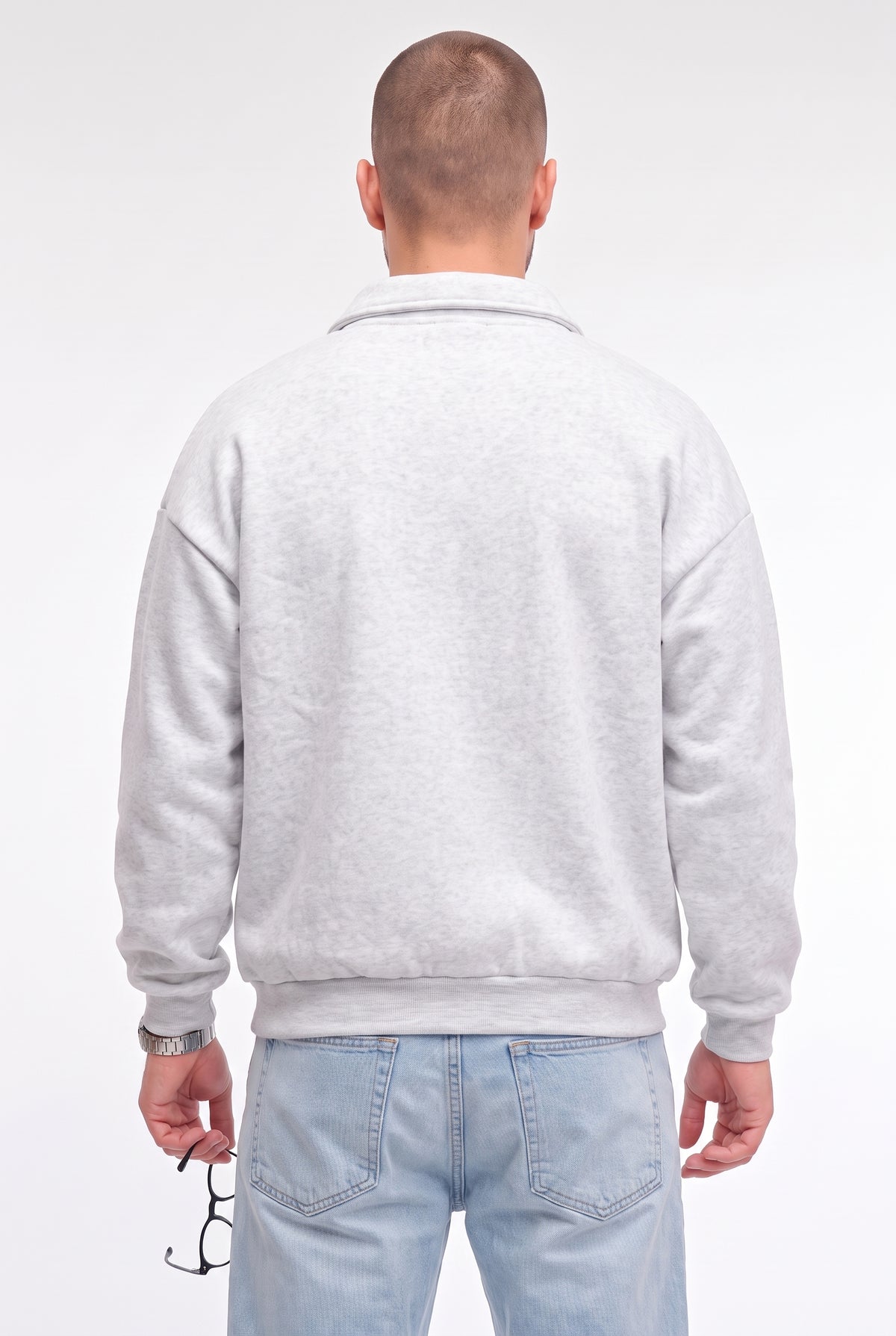 Erkek Gri Yarım Fermuar Polo Yaka 3 İplik İçi Polarlı Şardonlu Oversize Sweatshirt