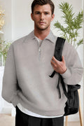 Erkek Gri Yarım Fermuar Polo Yaka 3 İplik İçi Polarlı Şardonlu Oversize Sweatshirt