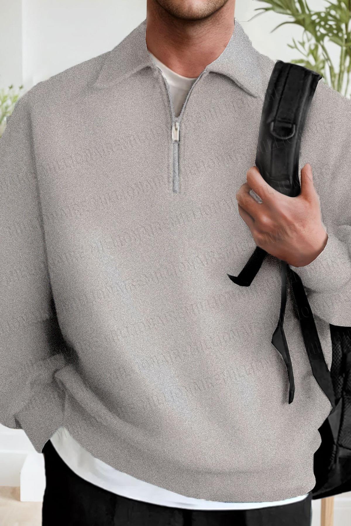Erkek Gri Yarım Fermuar Polo Yaka 3 İplik İçi Polarlı Şardonlu Oversize Sweatshirt