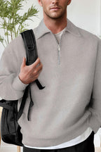 Erkek Gri Yarım Fermuar Polo Yaka 3 İplik İçi Polarlı Şardonlu Oversize Sweatshirt