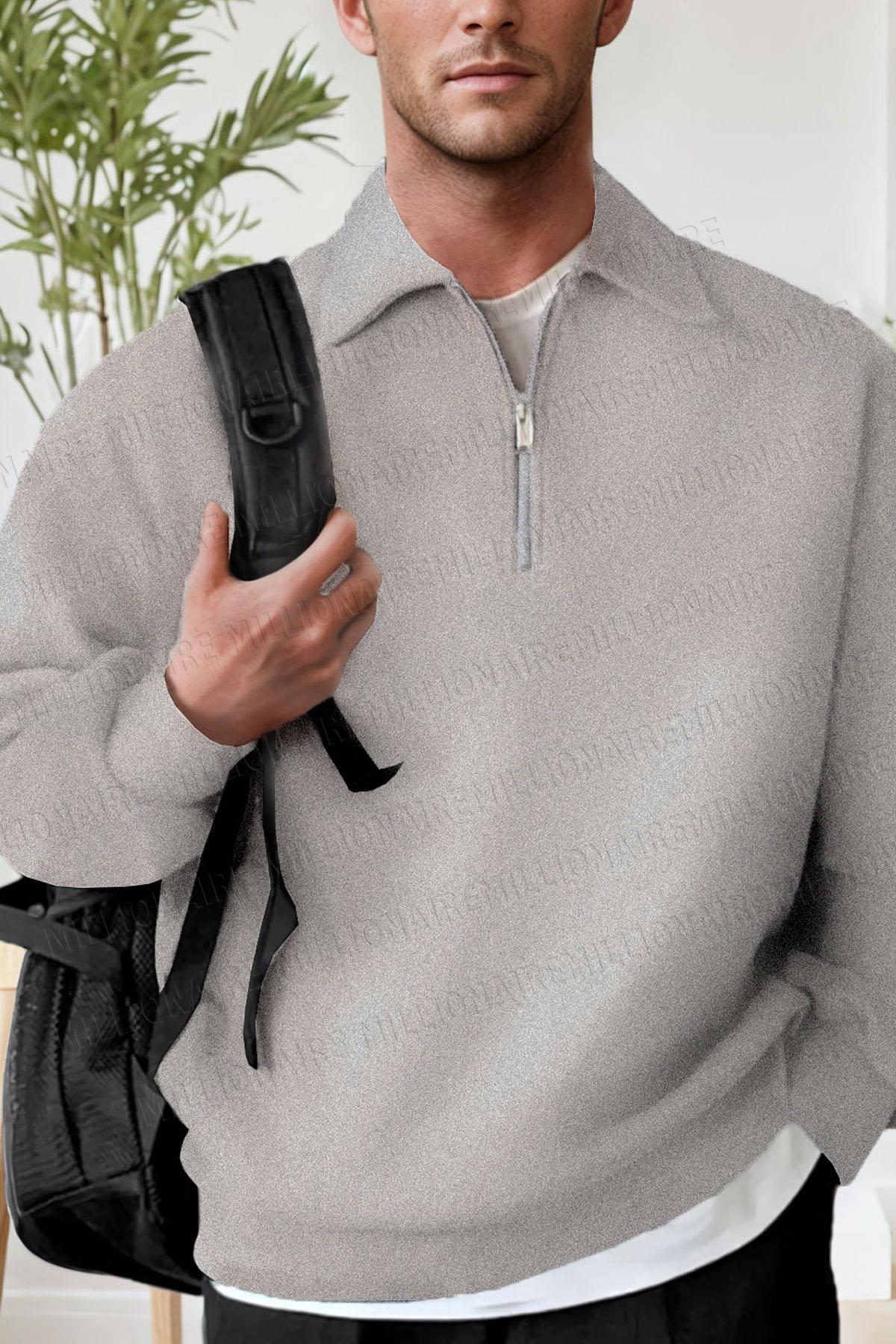 Erkek Gri Yarım Fermuar Polo Yaka 3 İplik İçi Polarlı Şardonlu Oversize Sweatshirt