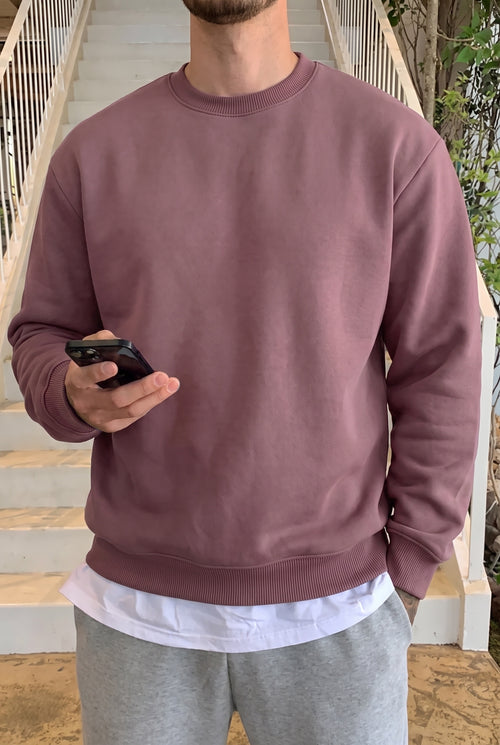 Erkek Gül Kurusu Basic 0 Sıfır Yaka Baskısız Düz Oversize Salaş Bol Kesim Polar Sweatshirt