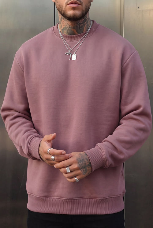 Erkek Gül Kurusu Basic 0 Sıfır Yaka Baskısız Düz Oversize Salaş Bol Kesim Polar Sweatshirt