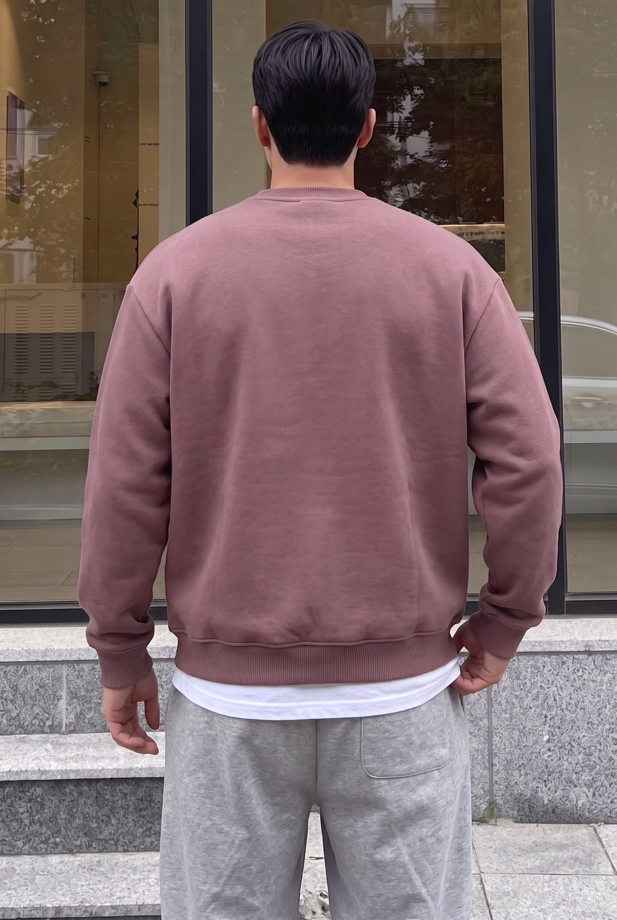 Erkek Gül Kurusu Basic 0 Sıfır Yaka Baskısız Düz Oversize Salaş Bol Kesim Polar Sweatshirt