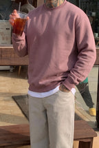 Erkek Gül Kurusu Basic 0 Sıfır Yaka Baskısız Düz Oversize Salaş Bol Kesim Polar Sweatshirt