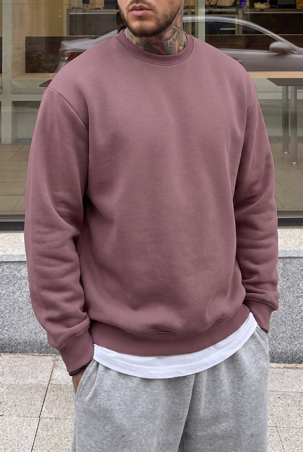 Erkek Gül Kurusu Basic 0 Sıfır Yaka Baskısız Düz Oversize Salaş Bol Kesim Polar Sweatshirt