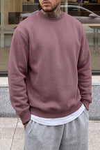 Erkek Gül Kurusu Basic 0 Sıfır Yaka Baskısız Düz Oversize Salaş Bol Kesim Polar Sweatshirt