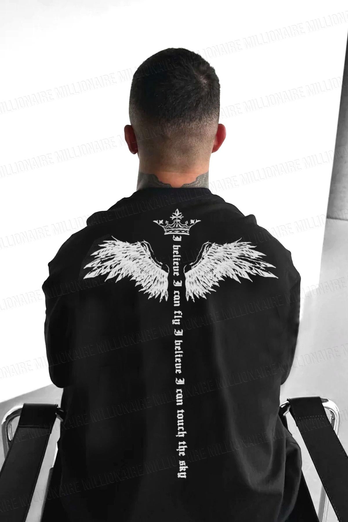 Erkek Siyah I Can Fly Oversize Fit Bol Geniş Kalıp Salaş Kesim T-shirt