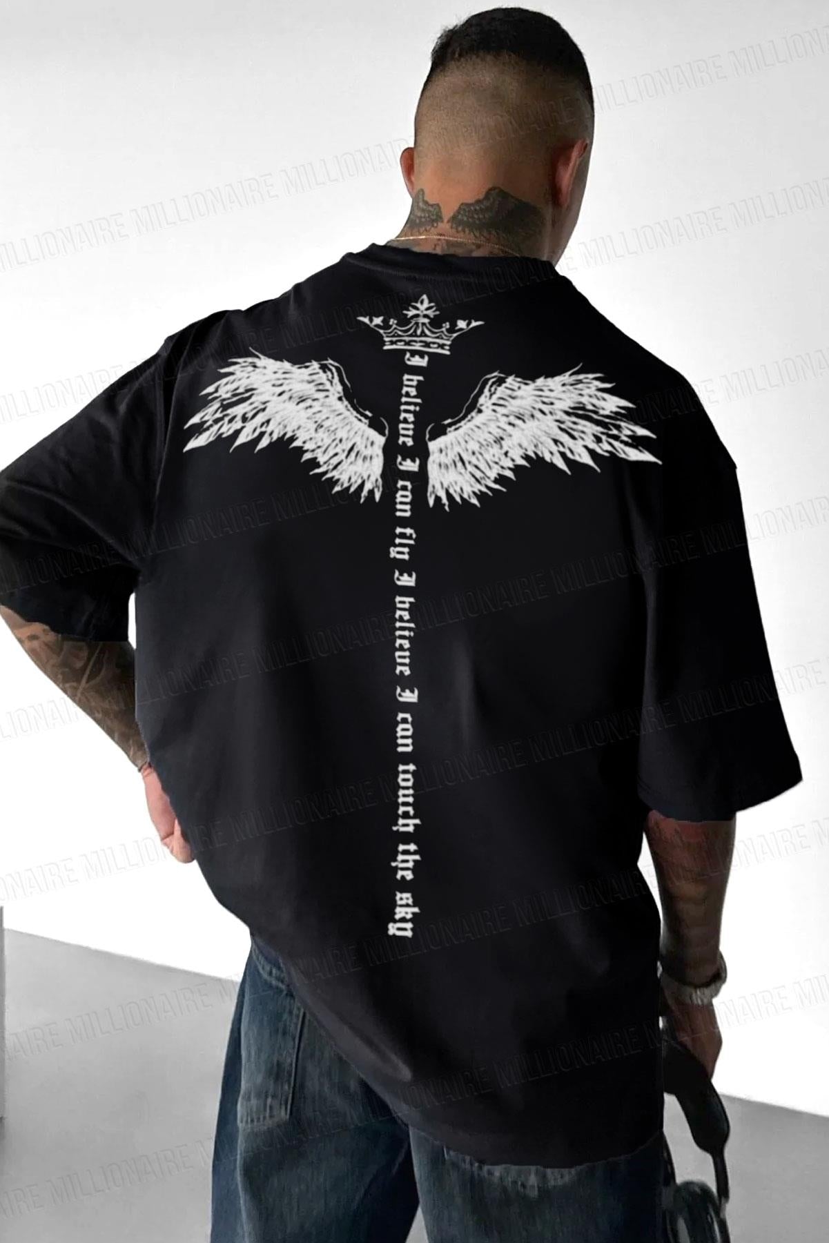 Erkek Siyah I Can Fly Oversize Fit Bol Geniş Kalıp Salaş Kesim T-shirt