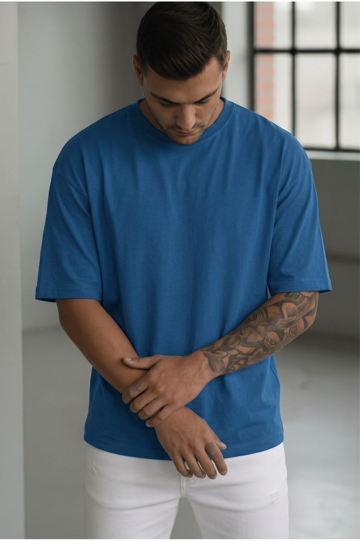 Erkek İndigo Basic Düz Baskısız Oversize Salas T-shirt