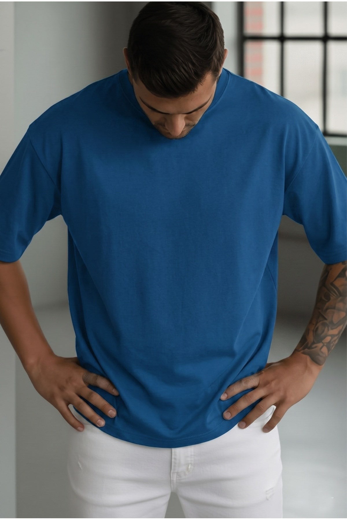 Erkek İndigo Basic Düz Baskısız Oversize Salas T-shirt