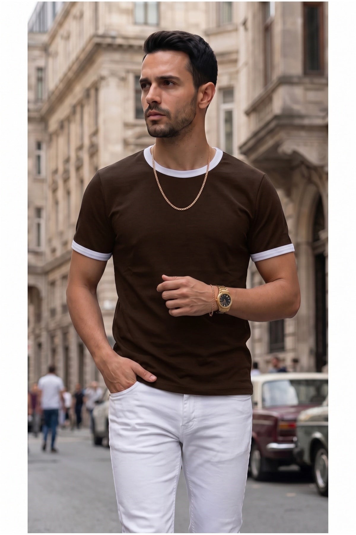 Erkek Kahverengi Renkli Tişört Bisiklet Yaka Kol Garnili Regular T-shirt