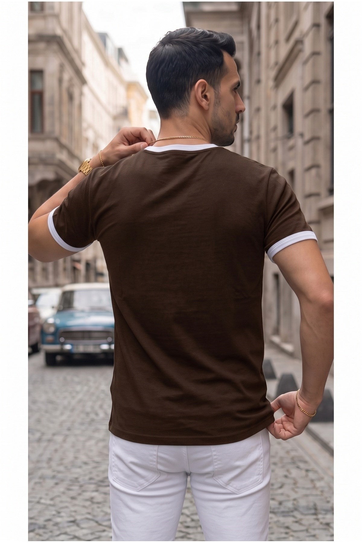 Erkek Kahverengi Renkli Tişört Bisiklet Yaka Kol Garnili Regular T-shirt