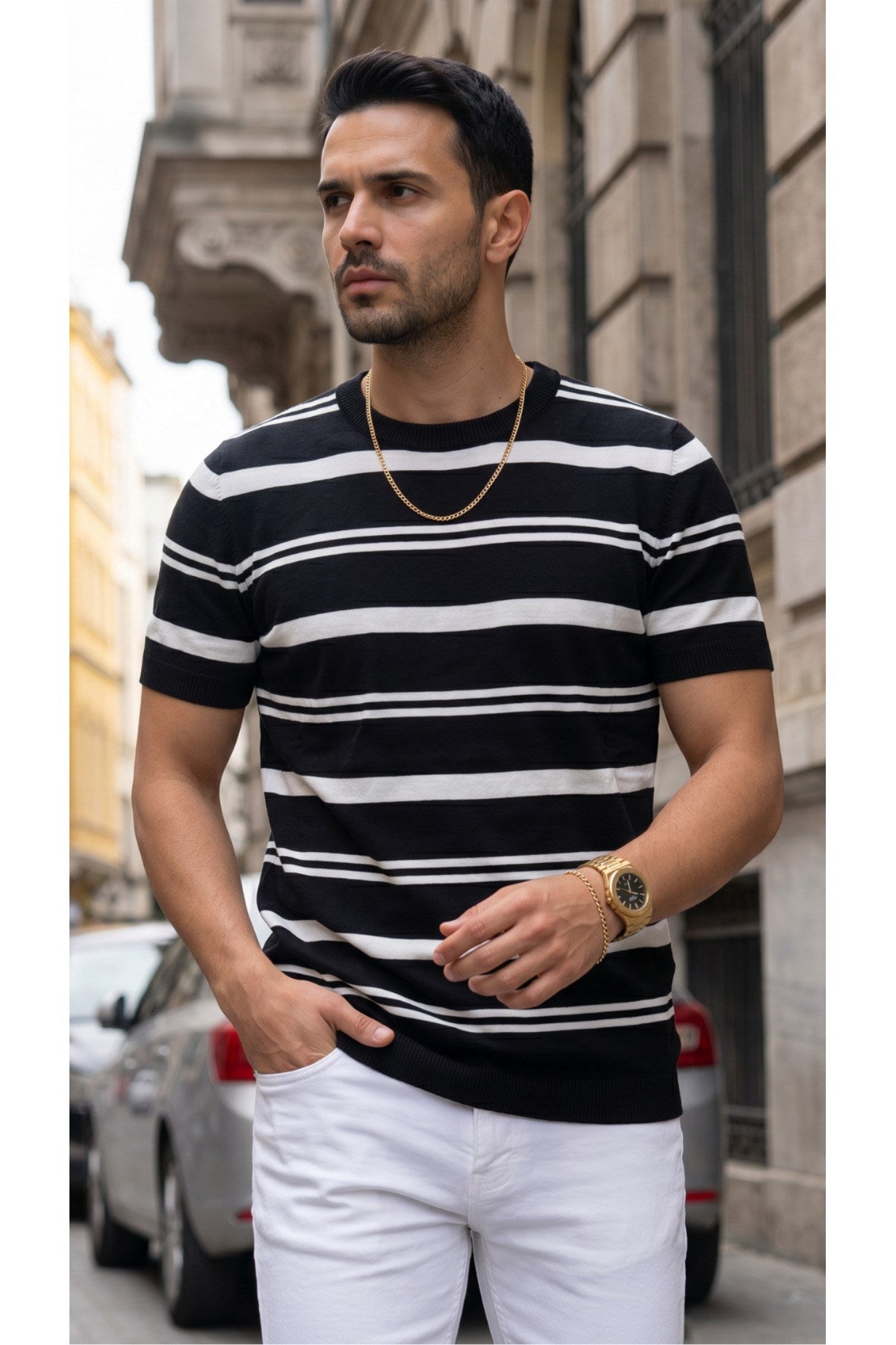 Erkek Kalın Siyah Beyaz Bisiklet Yaka Örme Triko Dokulu Düz Kısa Kol Regular Kalıp Tişört