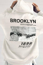 Erkek Kırık Beyaz Krem Ekru 1898 Baskılı Kapüşonlu Oversize 3 iplik Şardonlu Salaş Bol Kesim Hoodie Sweatshirt