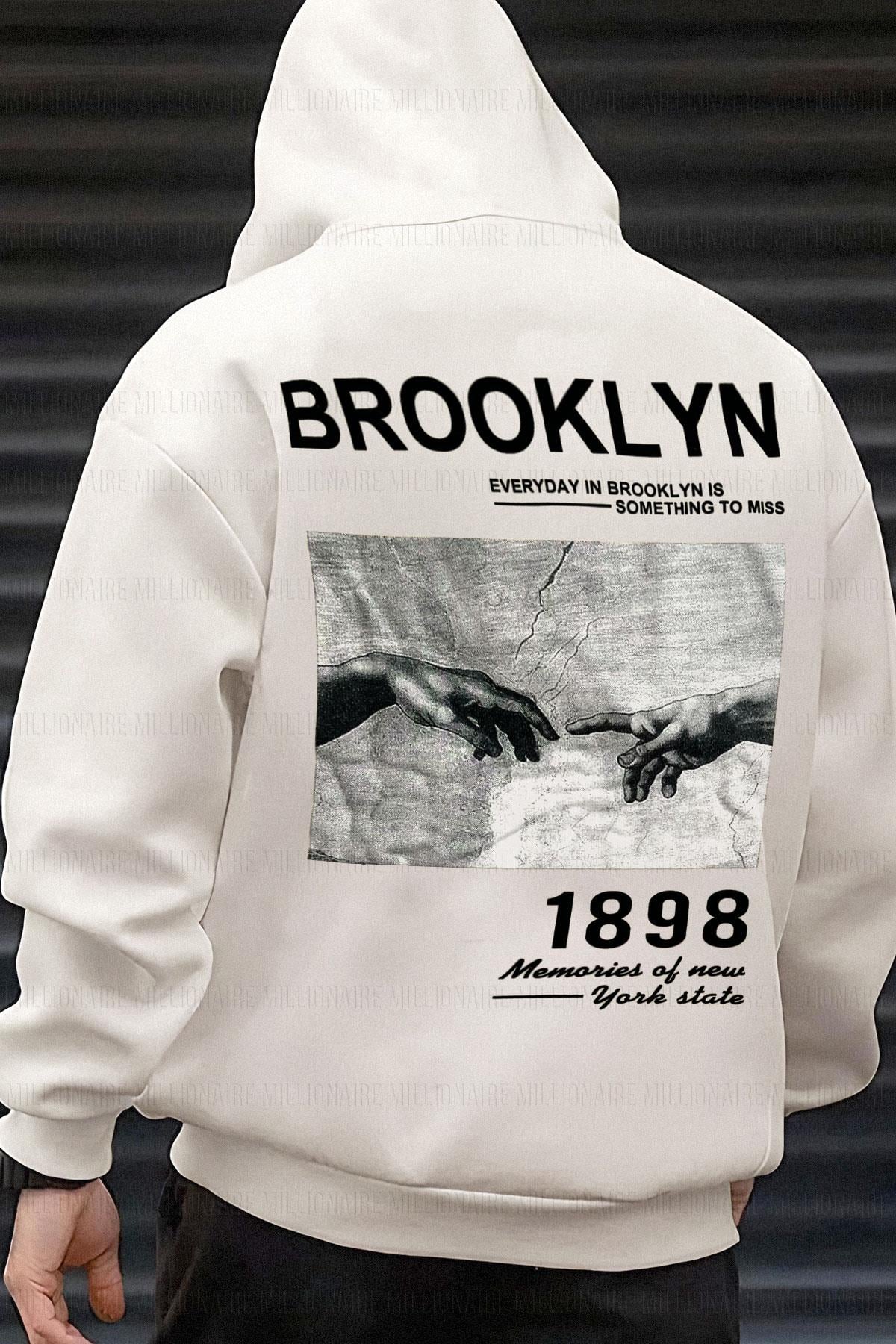 Erkek Kırık Beyaz Krem Ekru 1898 Baskılı Kapüşonlu Oversize 3 iplik Şardonlu Salaş Bol Kesim Hoodie Sweatshirt