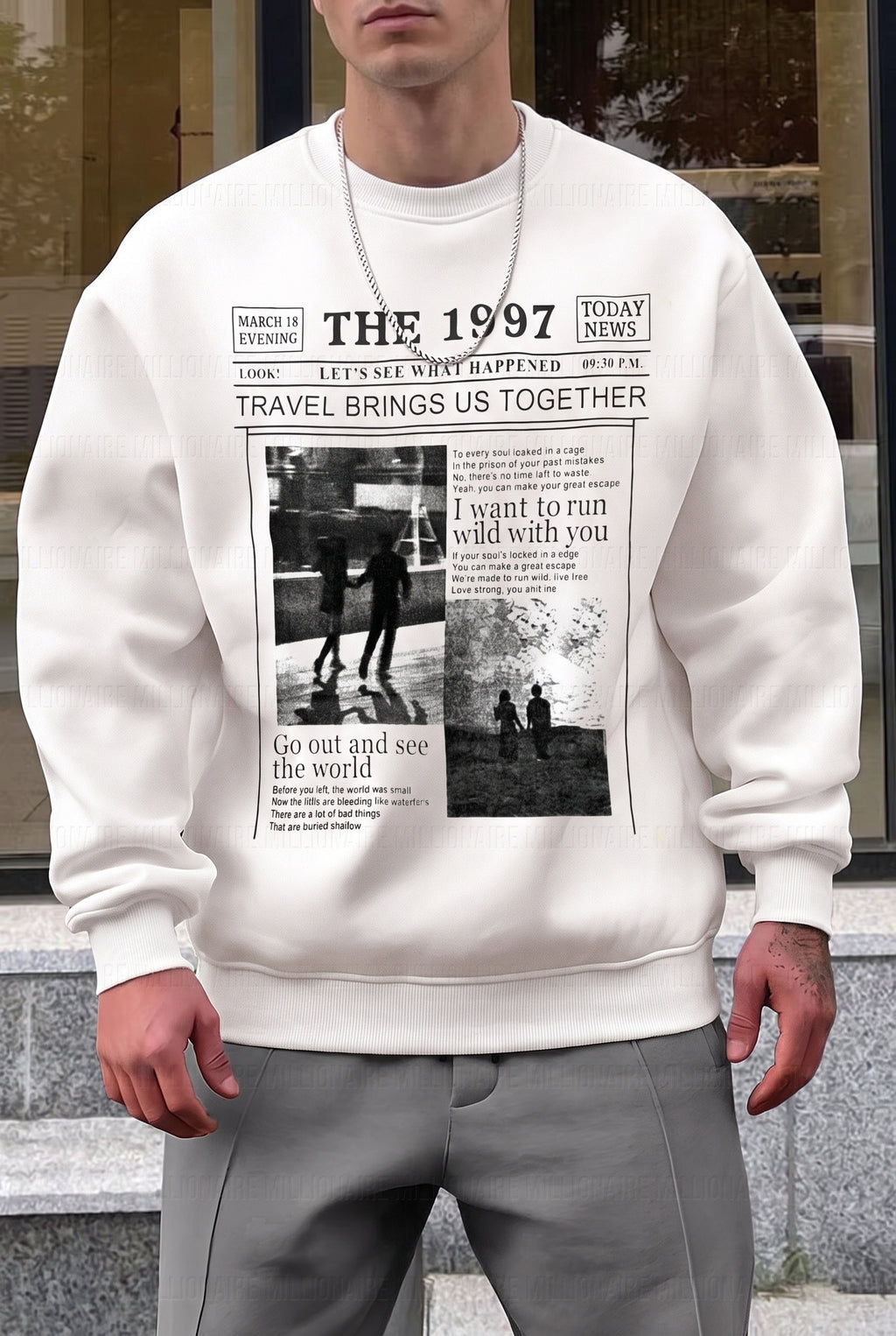 Erkek Kırık Beyaz Krem Ekru 1997 Baskılı 0 Sıfır Yaka Oversize Salaş Bol Kesim Polar Sweatshirt