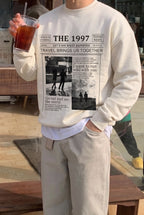 Erkek Kırık Beyaz Krem Ekru 1997 Baskılı 0 Sıfır Yaka Oversize Salaş Bol Kesim Polar Sweatshirt