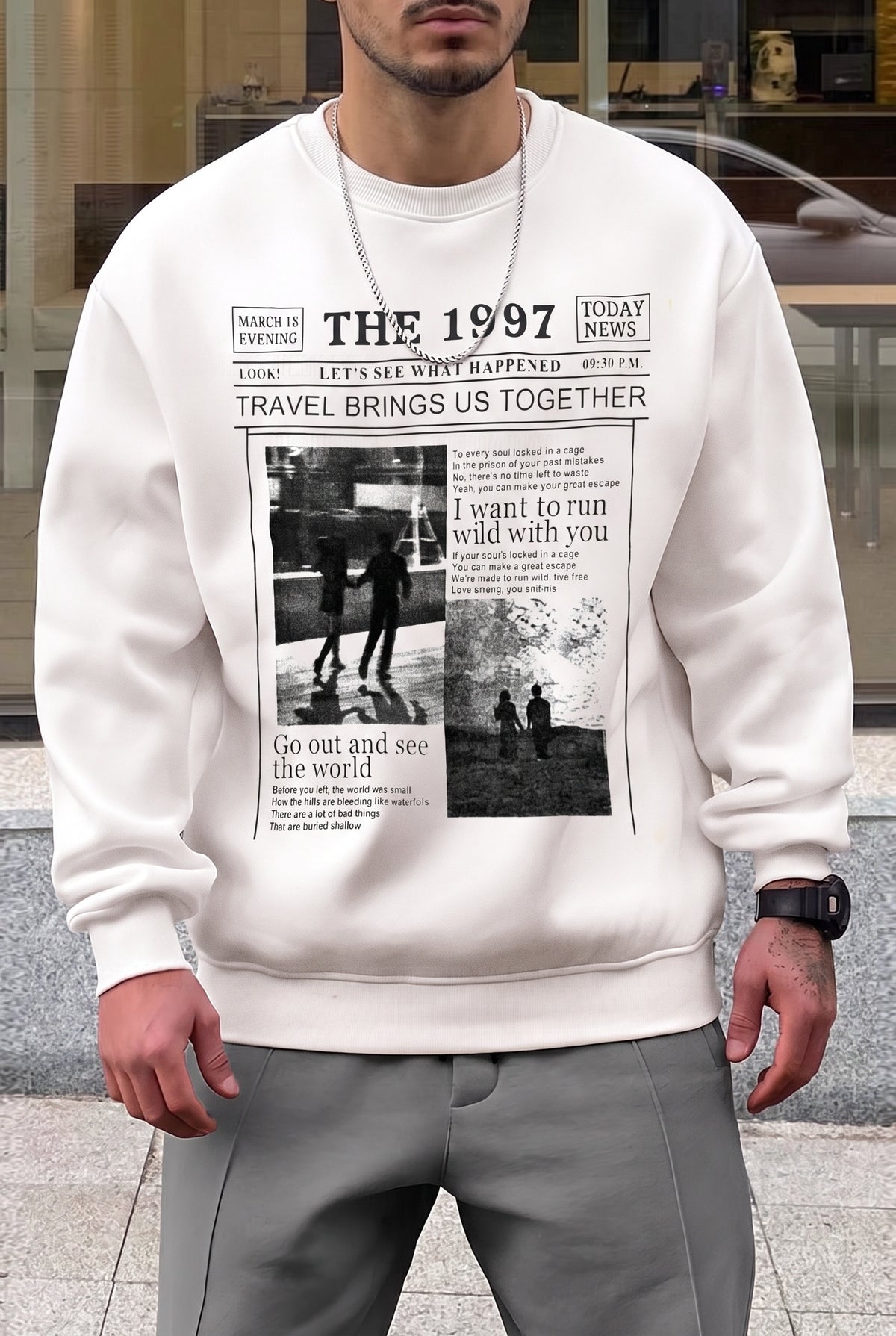 Erkek Kırık Beyaz Krem Ekru 1997 Baskılı 0 Sıfır Yaka Oversize Salaş Bol Kesim Polar Sweatshirt