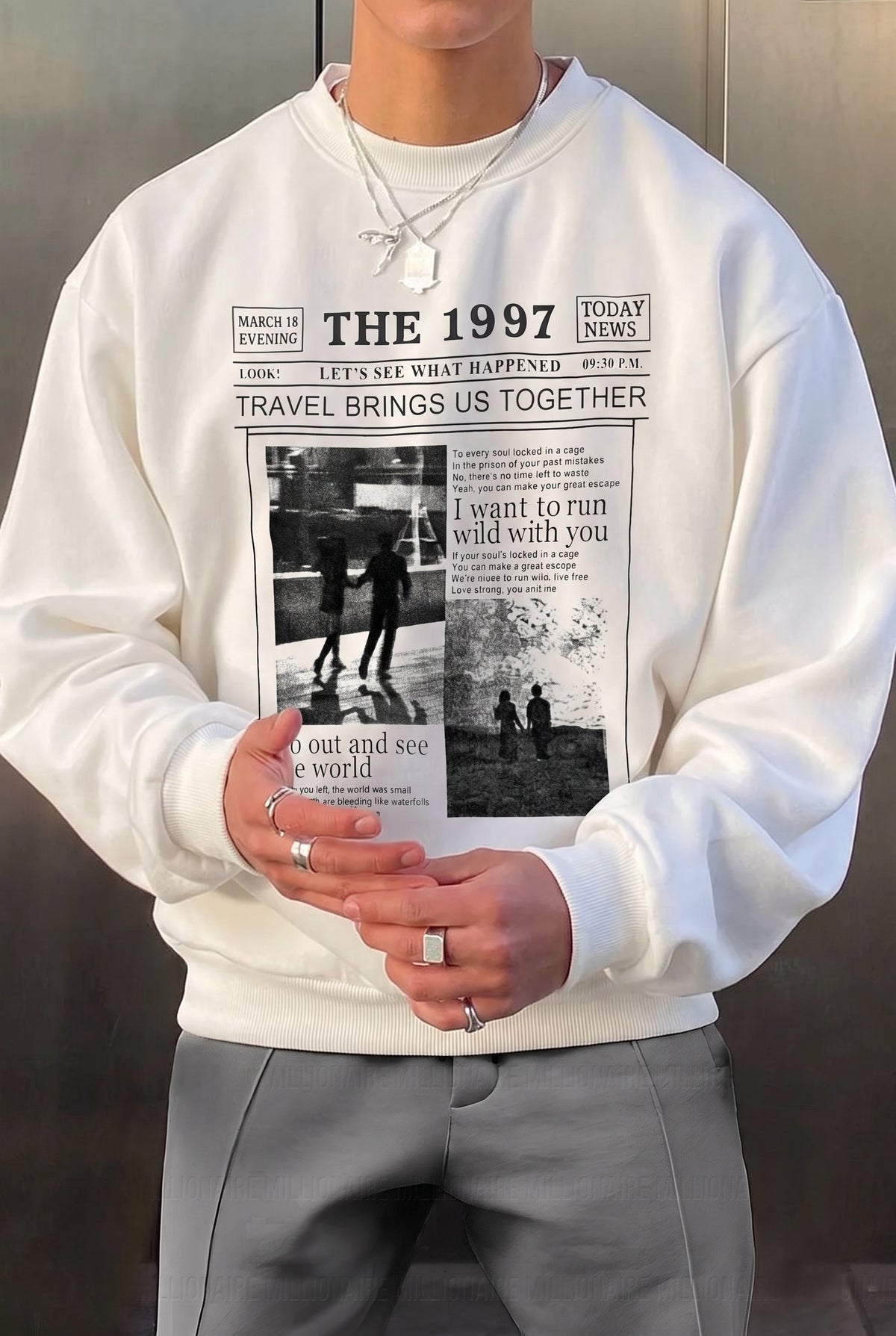 Erkek Kırık Beyaz Krem Ekru 1997 Baskılı 0 Sıfır Yaka Oversize Salaş Bol Kesim Polar Sweatshirt