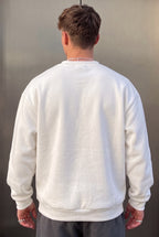 Erkek Kırık Beyaz Krem Ekru 1997 Baskılı 0 Sıfır Yaka Oversize Salaş Bol Kesim Polar Sweatshirt