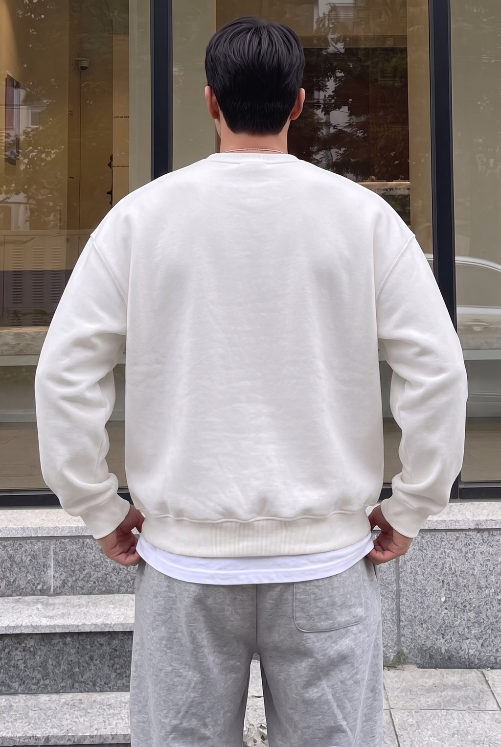 Erkek Kırık Beyaz Krem Ekru 1997 Baskılı 0 Sıfır Yaka Oversize Salaş Bol Kesim Polar Sweatshirt