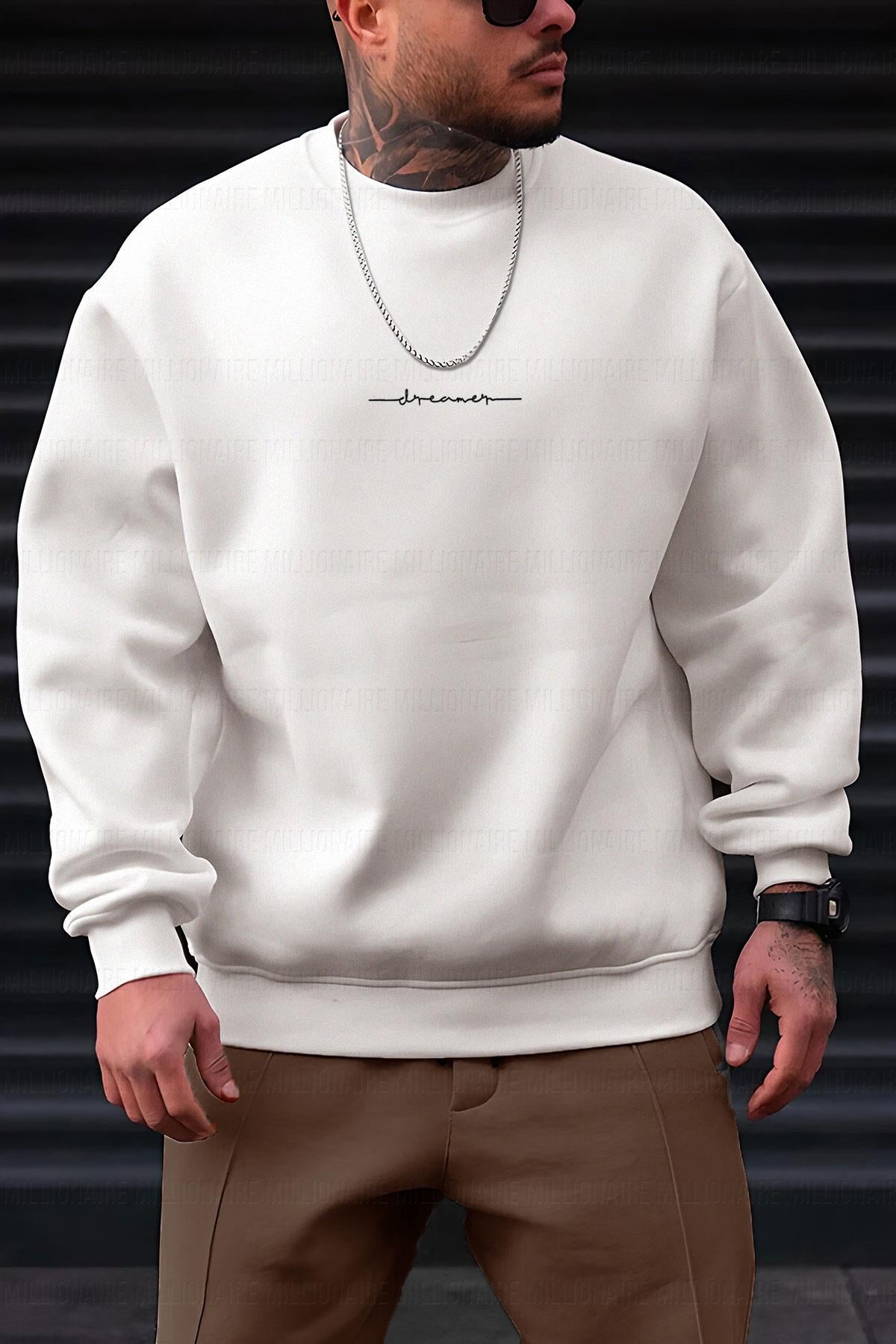 Erkek Kırık Beyaz Krem Ekru Dreamer Baskılı 0 Sıfır Yaka Oversize Salaş Bol Kesim Polar Sweatshirt