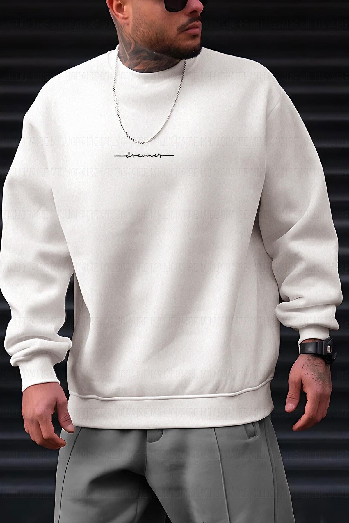 Erkek Kırık Beyaz Krem Ekru Dreamer Baskılı 0 Sıfır Yaka Oversize Salaş Bol Kesim Polar Sweatshirt