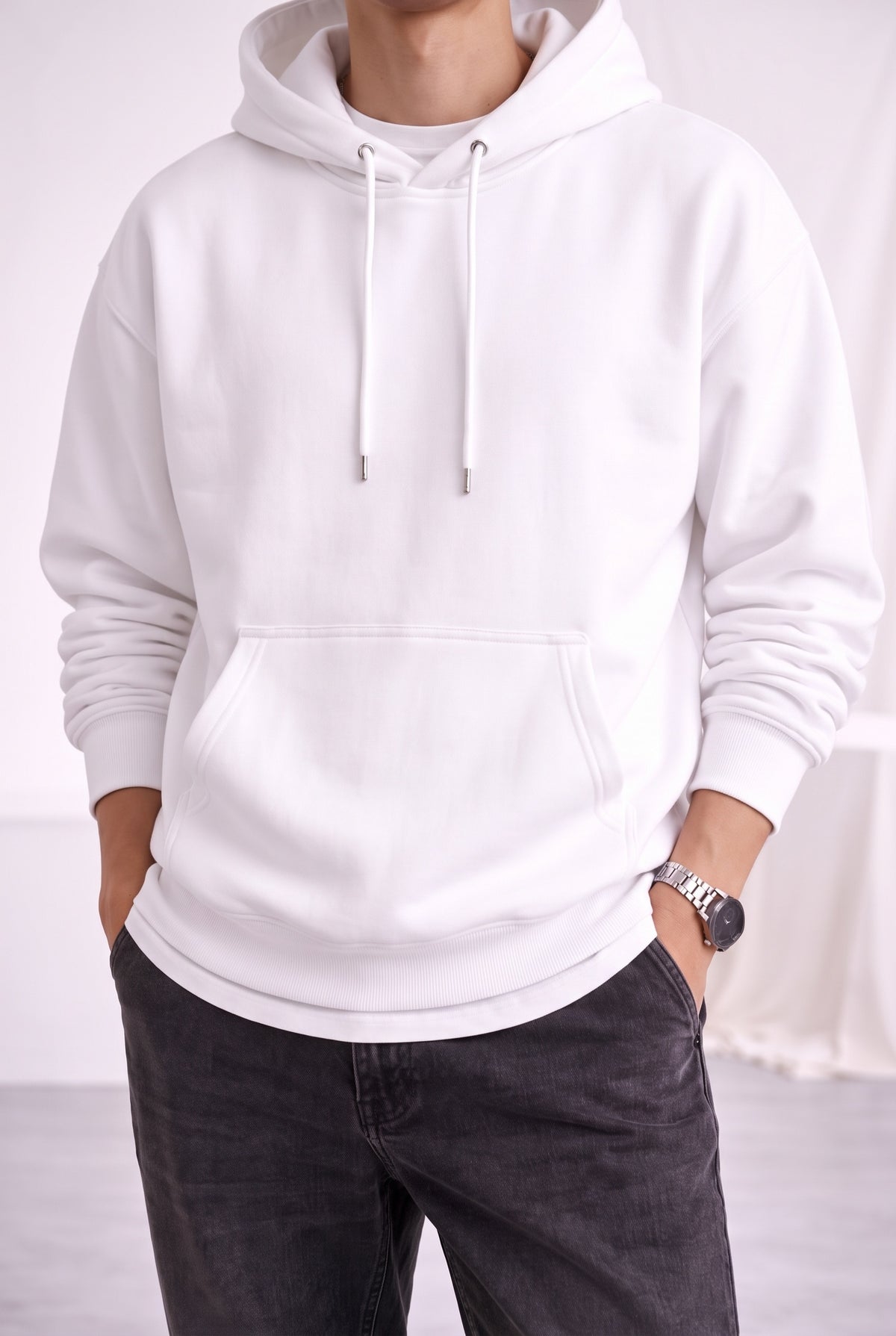 Erkek Kırık Beyaz Krem Ekru Düz Kapüşonlu Oversize 3 iplik Şardonlu Salaş Bol Kesim Hoodie Sweatshirt