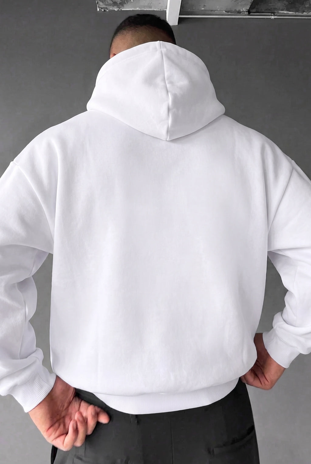 Erkek Kırık Beyaz Krem Ekru Düz Kapüşonlu Oversize 3 iplik Şardonlu Salaş Bol Kesim Hoodie Sweatshirt