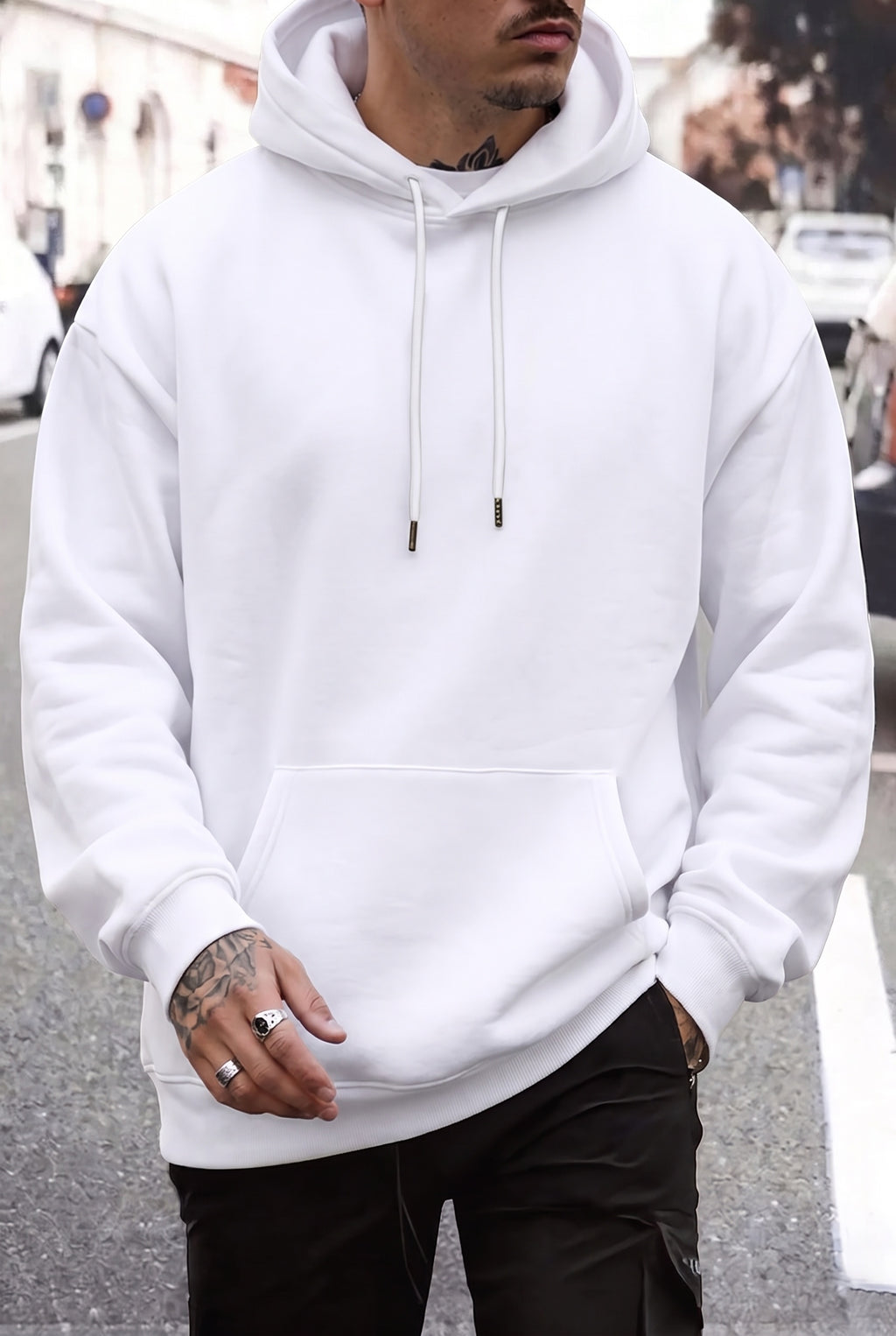 Erkek Kırık Beyaz Krem Ekru Düz Kapüşonlu Oversize 3 iplik Şardonlu Salaş Bol Kesim Hoodie Sweatshirt
