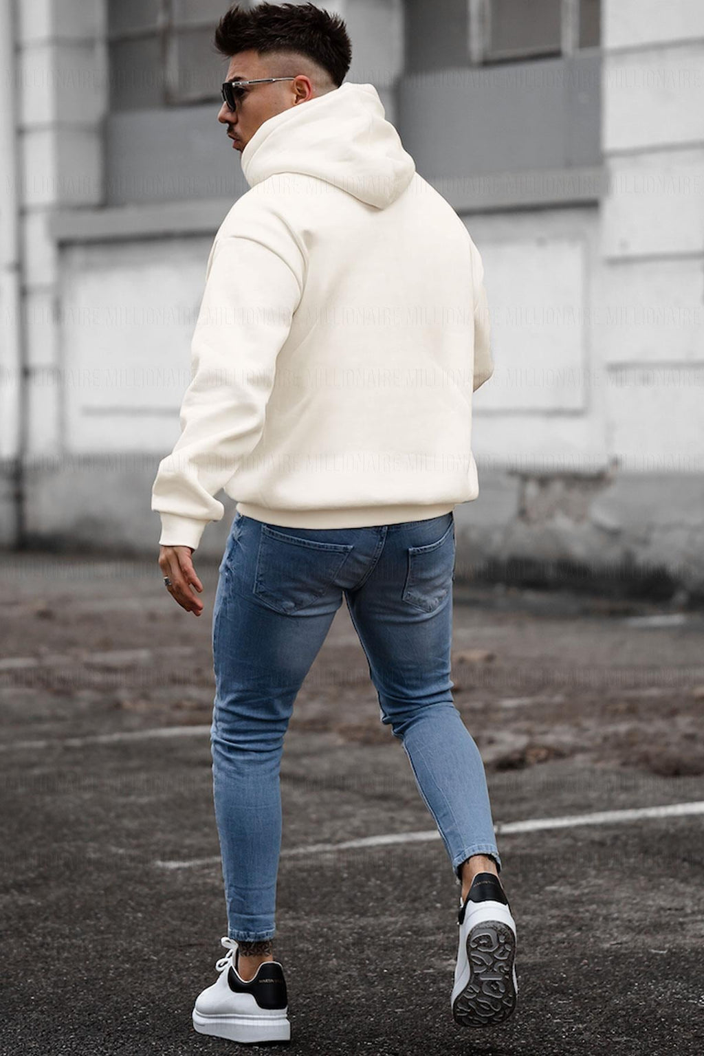 Erkek Kırık Beyaz Krem Ekru Spectacular Baskılı 3 iplik Şardonlu Kapüşonlu Kanguru Cepli Oversize Salaş Hoodie Sweatshirt