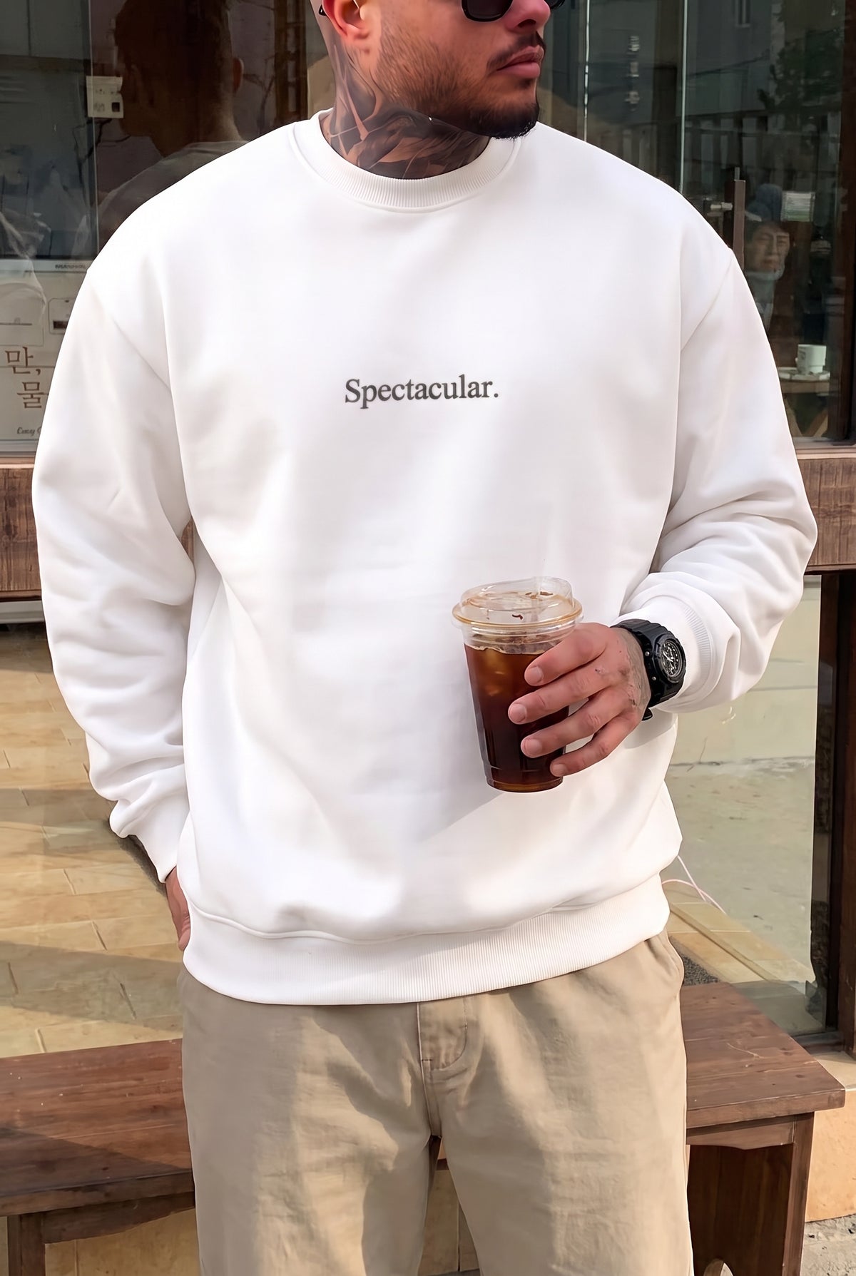 Erkek Kırık Beyaz Krem Ekru Spectacular Baskılı 0 Sıfır Yaka Oversize Salaş Bol Kesim Polar Sweatshirt