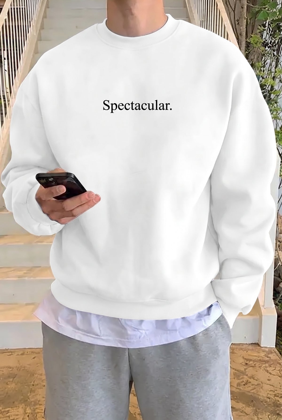 Erkek Kırık Beyaz Krem Ekru Spectacular Baskılı 0 Sıfır Yaka Oversize Salaş Bol Kesim Polar Sweatshirt