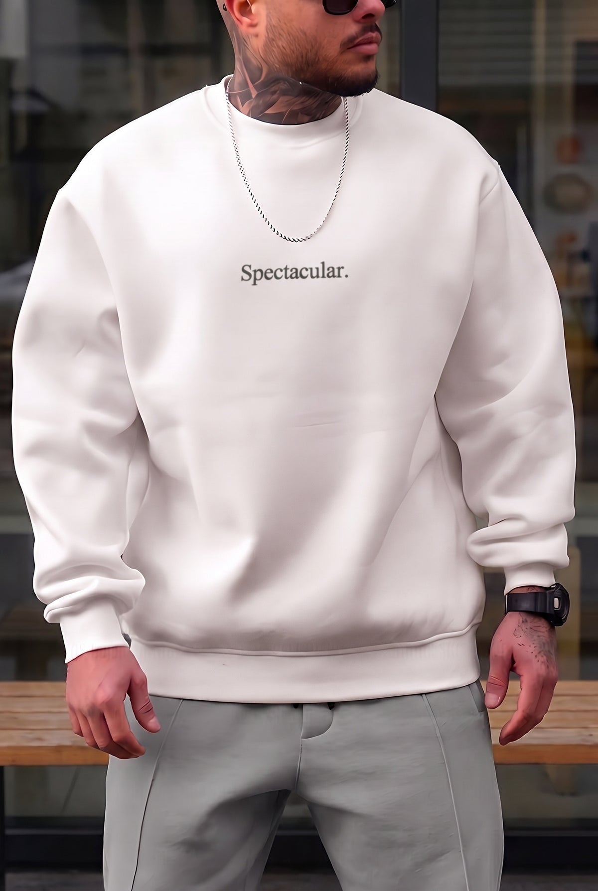 Erkek Kırık Beyaz Krem Ekru Spectacular Baskılı 0 Sıfır Yaka Oversize Salaş Bol Kesim Polar Sweatshirt