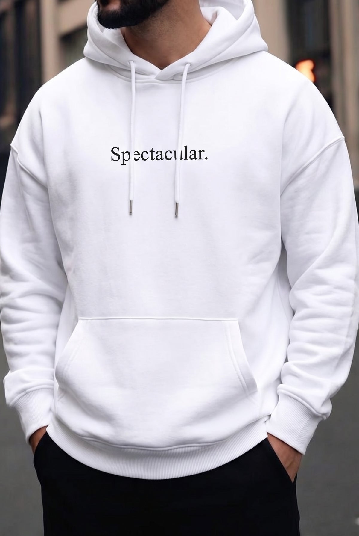 Erkek Kırık Beyaz Krem Ekru Spectacular Baskılı 3 iplik Şardonlu Kapüşonlu Kanguru Cepli Oversize Salaş Hoodie Sweatshirt