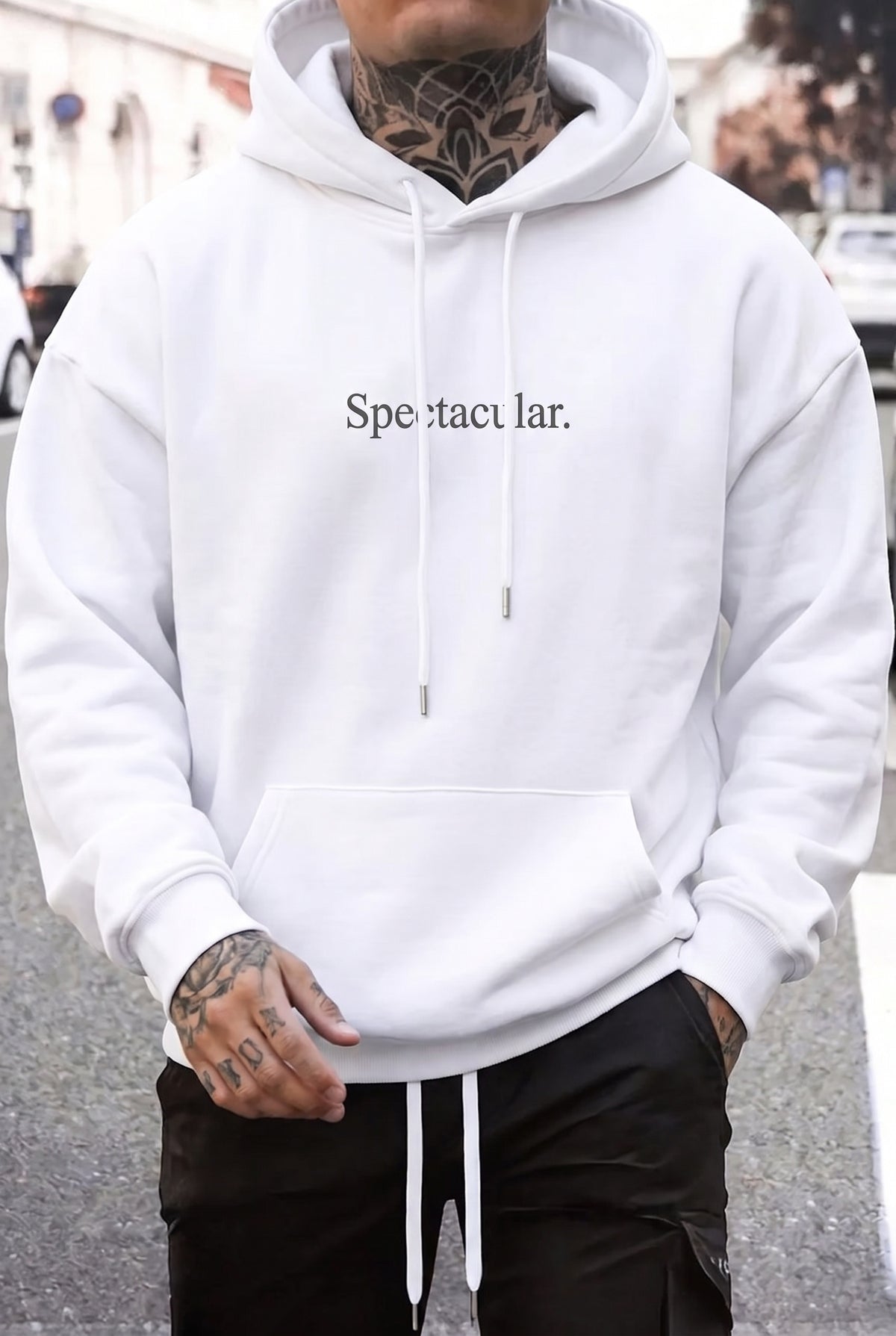 Erkek Kırık Beyaz Krem Ekru Spectacular Baskılı 3 iplik Şardonlu Kapüşonlu Kanguru Cepli Oversize Salaş Hoodie Sweatshirt